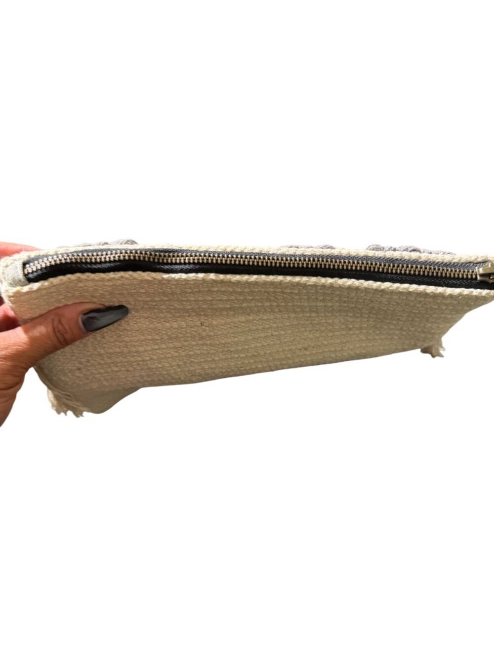 Monserat De Lucca Boho Woven Fringe Clutch Zip Pouch Beige Gray Textile Handbag - Picture 4 of 7